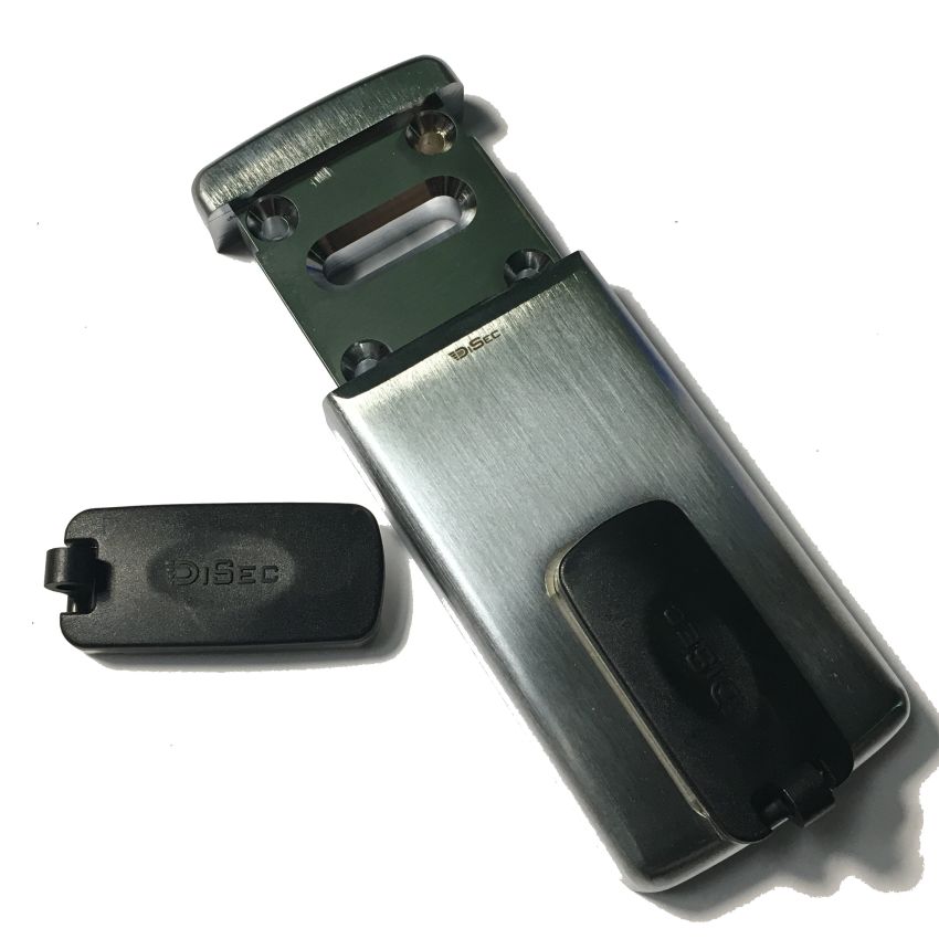 Escudo de segurança Disec cromado retangular, com proteção magnética, para chave de duplo palhetão