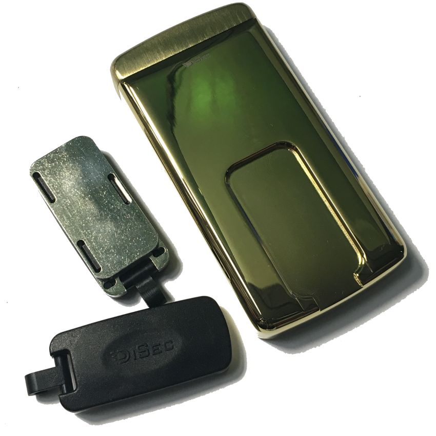 Escudo de segurança Disec dourado retangular, com proteção magnética, para chave de duplo palhetão