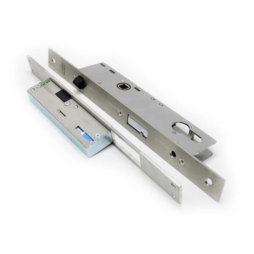 Fechadura eletromecânica automática Tesa TCP, entrada 25 mm, aço inoxidável