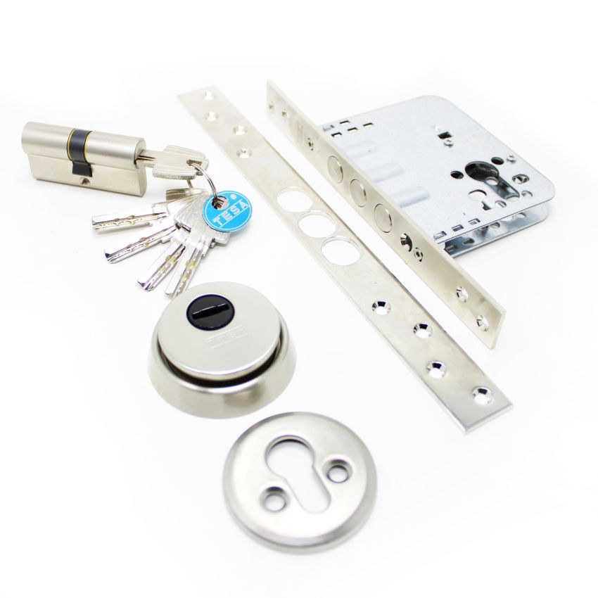 Fechadura de embutir madeira Tesa R201B, entrada 60 mm, niquelado (inclui cilindro e escudo segurança)