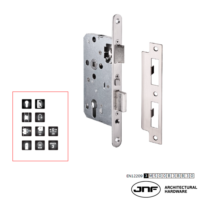 Fechadura corta fogo JNF IN.20.789, antipânico, automática,entrada de 55mm