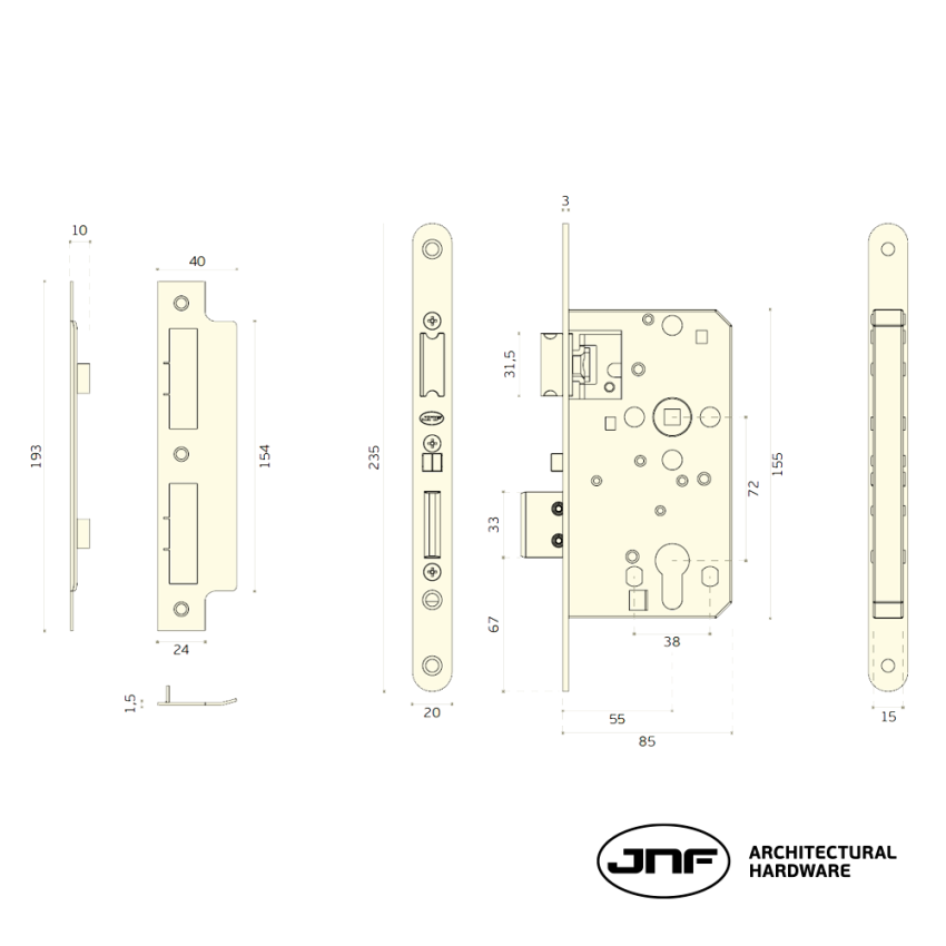 Fechadura corta fogo JNF IN.20.789, antipânico, automática,entrada de 55mm