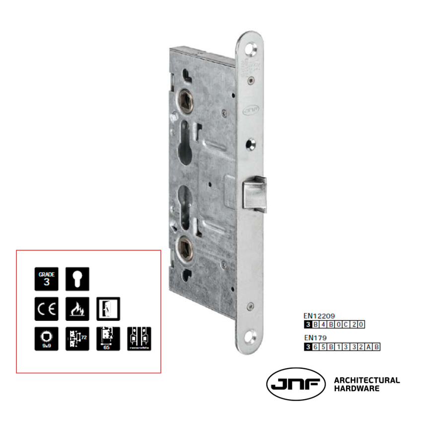 Fechadura corta fogo JNF IN.20.960, antipânico, reversível, entrada 65mm