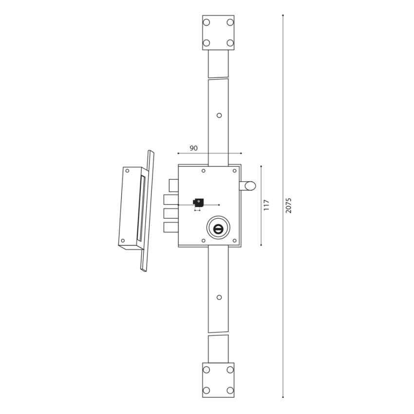 Fechadura multiponto de sobrepor UCEM 4516 SAI, cilindro fixo redondo, esquerda, entrada 60mm