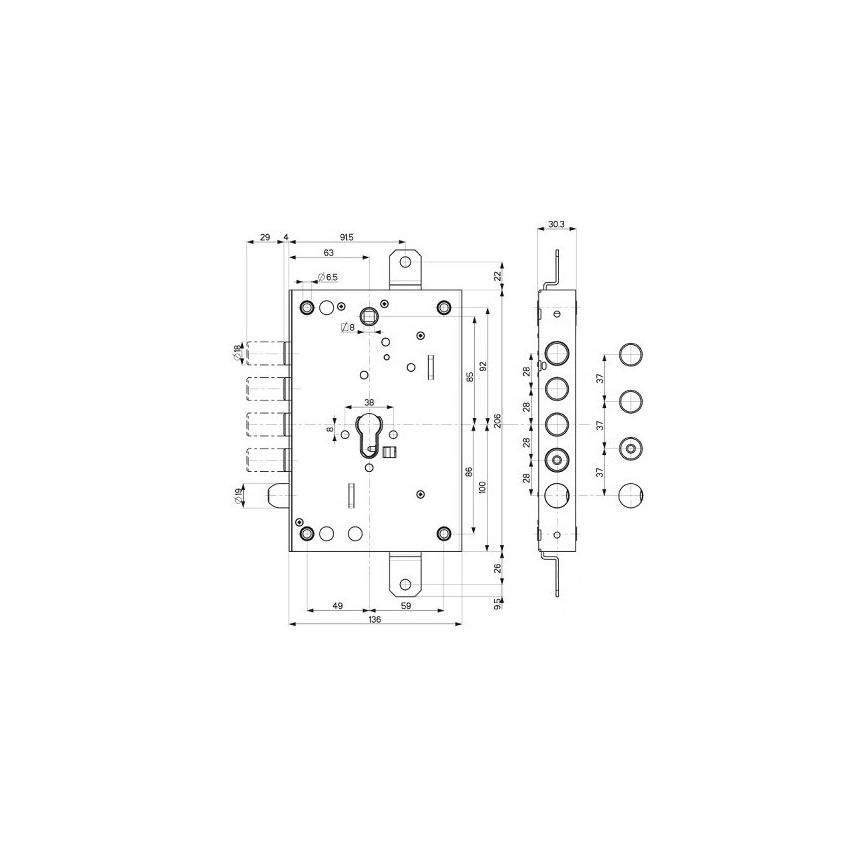 Fechadura Mottura, porta blindada 3 pernos 82571W700Q