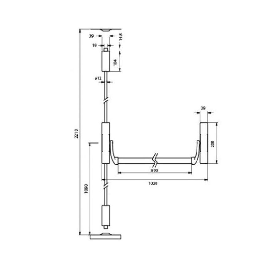 Barra antipânico Tesa 1930 de sobrepor, com 2 pontos de fecho verticais, em inox