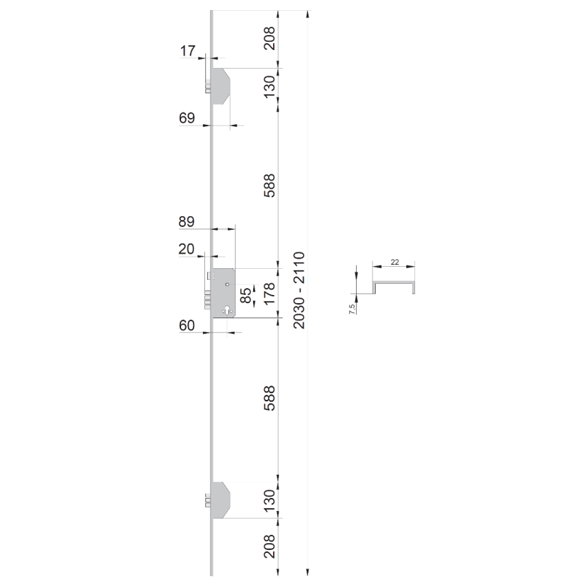 Fechadura multiponto 3 pontos UCEM 2560/2561, chapa em U, entrada 60mm, cromado