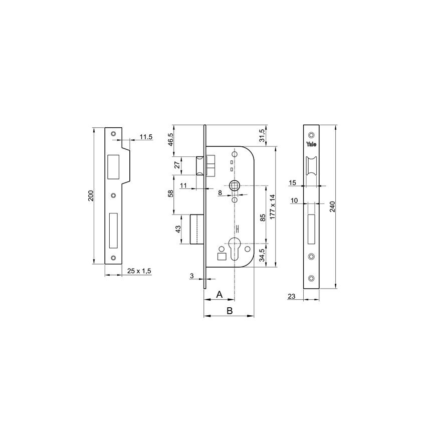 Fechadura de embutir madeira YALE 520 (tipo 790), entrada 30 mm
